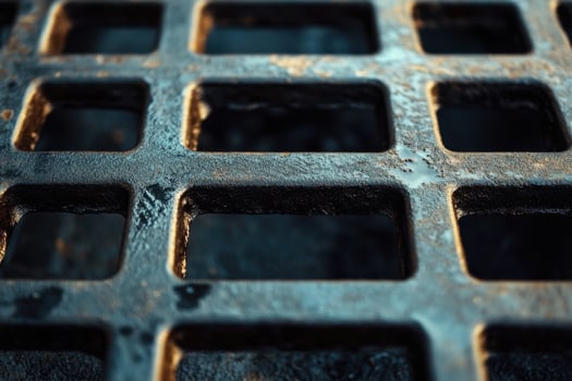 Textured metal grate with square openings illuminated by soft light in an urban setting photo