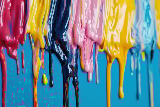 Colorful drips of paint creating an artistic display on a blue wall during a creative project photo