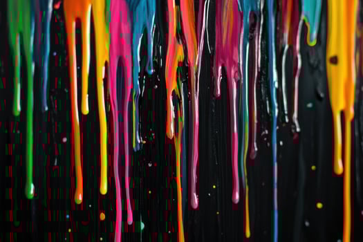 Colorful paint drips create an abstract art piece on a dark background in a creative studio setting photo