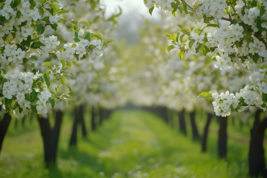 Beautiful orchard filled with blooming white flowers in springtime sunlight photo