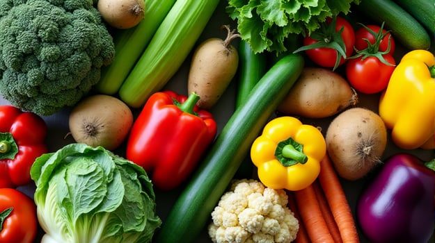Vibrant and Diverse Array of Fresh Vegetables, Including Green Leeks, Ripe Avocados, Earthy Potatoes, Bright Bell Peppers, Crisp Cucumbers, Leafy Greens, Succulent Tomatoes and Other Vegetables photo
