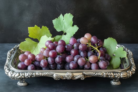 Freshly harvested purple grapes presented on a silver platter with green leaves in a rustic setting photo