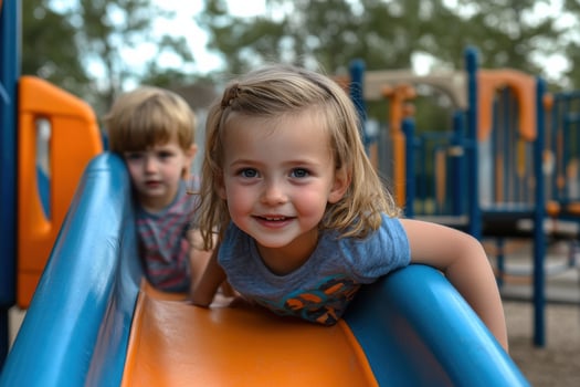 Young children enjoy playtime on a colorful slide at a sunny park playground in the afternoon photo