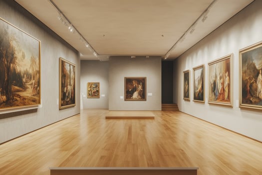 Art gallery with classical paintings displayed on walls and wooden flooring under soft lighting in an urban setting photo
