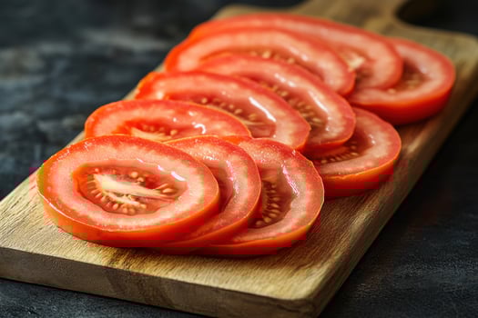 Sliced ripe tomatoes arranged neatly on a wooden cutting board for a fresh salad preparation in a kitchen setting photo
