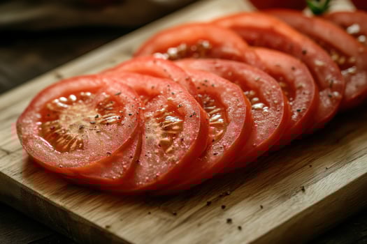 Sliced ripe tomatoes arranged neatly on a wooden cutting board with black pepper seasoning for a fresh salad preparation photo