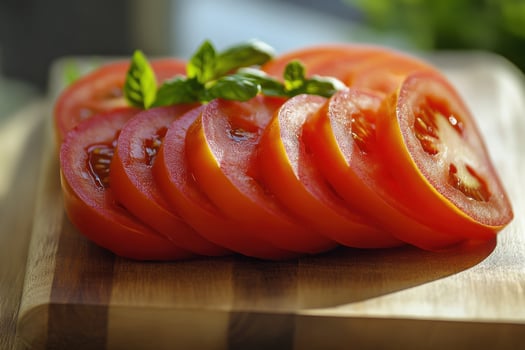 Sliced ripe tomatoes arranged neatly on a wooden cutting board with fresh basil leaves beside them in a well-lit kitchen setting photo