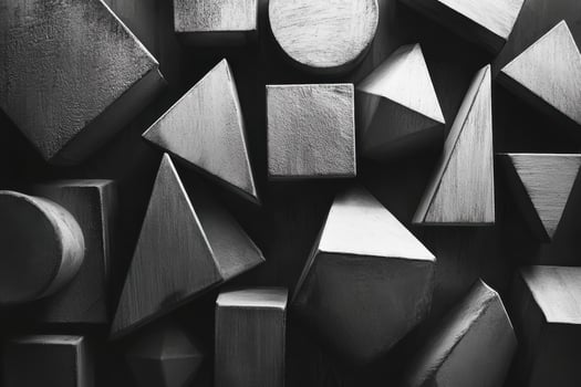 A collection of various geometric wooden shapes arranged together in monochrome, emphasizing their unique forms and textures photo