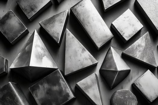 Geometric metallic shapes displayed on a surface showcasing a variety of forms and textures suitable for design and art projects photo