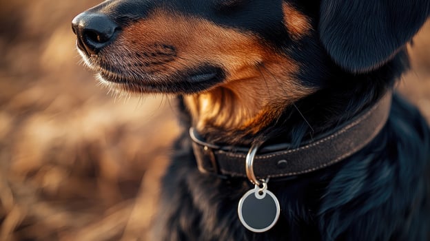 Dog wearing collar with blank tag for your text photo