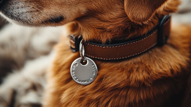Golden retriever dog wearing brown leather collar with engraved metal tag photo