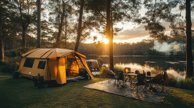 Camping tent glowing in the light of the setting sun by the lake photo