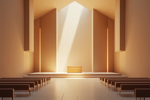 Sunbeam illuminating modern church interior with empty benches abstract synagogue interior photo