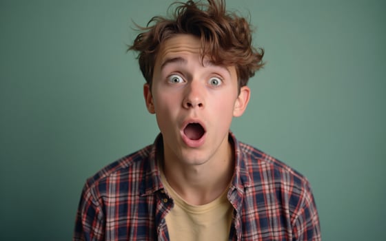 Young american man surprise facial expression, on a green background photo
