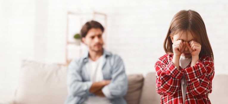 Quarrel With Father. Little girl crying, angry man sitting on sofa on background photo