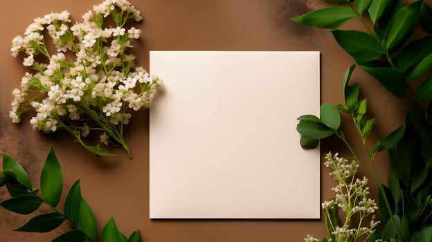 White square card mockup delicate flowers lush green leaves on soft brown backdrop. Invitation, greeting card template advertising image. Floral design mock up product photorealistic photo