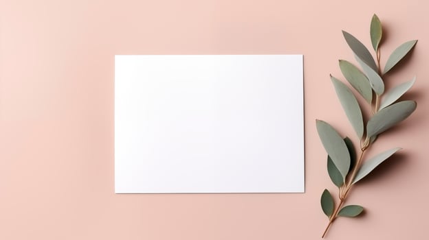 Blank white card with eucalyptus leaves on soft peach beige background. Elegantly arranged paper template advertising image. Botanical subtle composition mock up product photorealistic photo