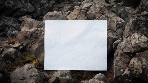 Blank white card among rough gray stones and moss in rocky wilderness. Earthy tones paper template advertising image. Rugged and natural environment mock up product photorealistic photo