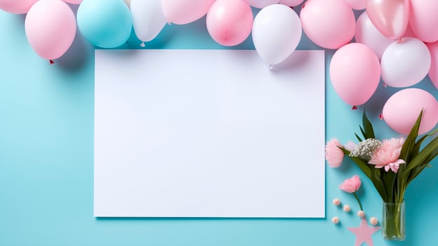 Blank white card framed by pink blue white balloons with floral accents. Party invitation template advertising image. Announcement, festive greeting mock up product photorealistic photo