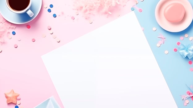 Coffee and blue pink decor with confetti on pastel surface paper mockup. Sweet vibes macaron coffeecup template advertising image. Festive and delicate mock up product photorealistic photo