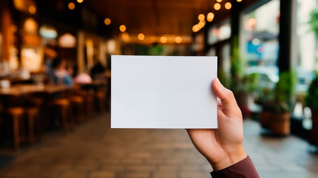 Hand displaying blank card mockup in modern outdoor cafe. Coffeeshop natural lighting. Business promotion template advertising image. Invitation mock up product photorealistic photo