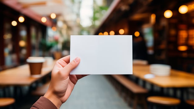 Hand holding blank card mockup in front of outdoor cafe setting. Warm and inviting template advertising image. Outdoor dining. Promotional design mock up product photorealistic photo