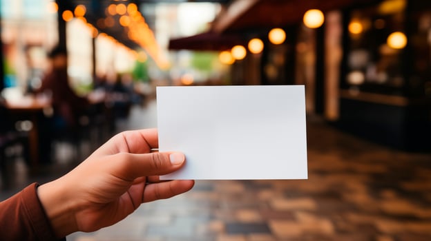 Hand holds blank card in focus while walking down city street bokeh lights. Cafe outdoor ambiance. Message card template advertising image. Branding design mock up product photorealistic photo