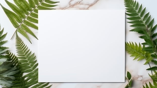 Blank white canvas centered on marble background lush green fern leaves. Botanical theme template advertising image. Fresh and organic composition mock up product photorealistic photo