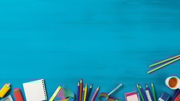 Organized Back to School Top View of School Supplies Frame on Wooden Desk photo