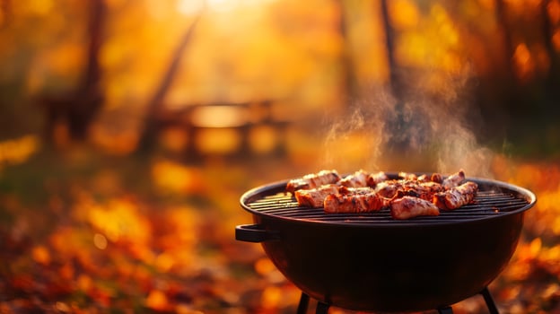 Enjoy delightful autumn barbecues with perfectly grilled meats amid vibrant fall scenery, perfect for family picnics and outdoor gatherings with friends who appreciate good food and nature photo
