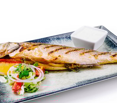 Grilled sea bass served on a plate with salad and sauce photo