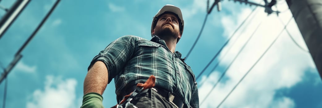 A low-angle shot of a male utility worker in his 30s wearing a hard hat and safety gear photo