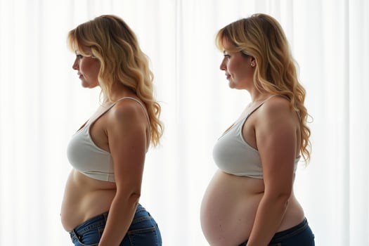 before and after skinny and fat chubby woman on white background photo