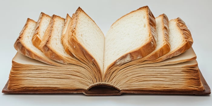 Imagine admiring an open book filled with fresh bread slices, blending literature and culinary art in a whimsical kitchen. This scene inspires deep reflections on life, artistry, and spirituality photo