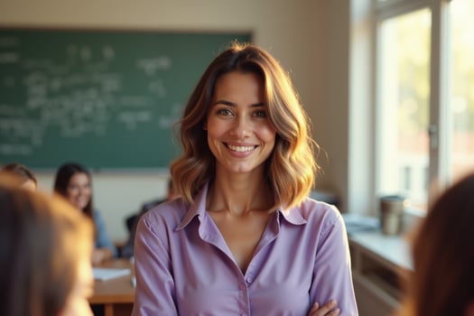 teacher woman standing and smile in classroom photo