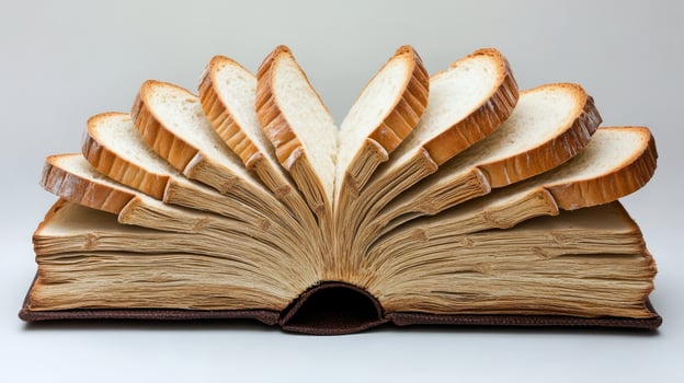 This artistic piece, inspired by a cherished book, is crafted from various bread slices, merging culinary art with profound spiritual themes that reflect on life and its teachings photo