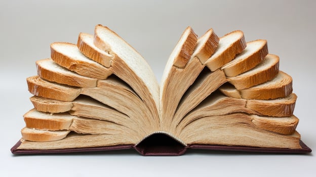 A whimsical display features an imaginative open book that is ingeniously crafted from slices of bread, beautifully merging the worlds of literature and food art in a charming kitchen setting photo