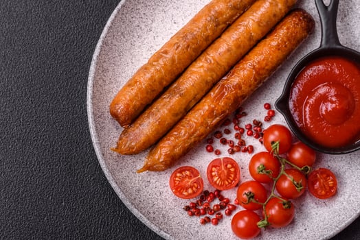 Juicy fried beef or pork sausages with salt, spices and herbs photo