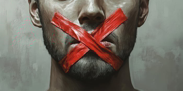 This illustration depicts the harsh restriction of free speech, with a mans mouth sealed by red tape, highlighting themes of censorship and enforced silence, reflecting societal issues photo