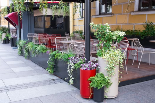 Outdoor landscaping - pots and planters on the city street with outdoor flowers violets, marigolds, ivy. Decoration of cafes, windows of the house with flowerbeds with flowering plants photo