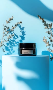 A jar of black face cream sitting on a blue surface photo