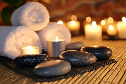 Spa stones and candles on a bamboo mat photo