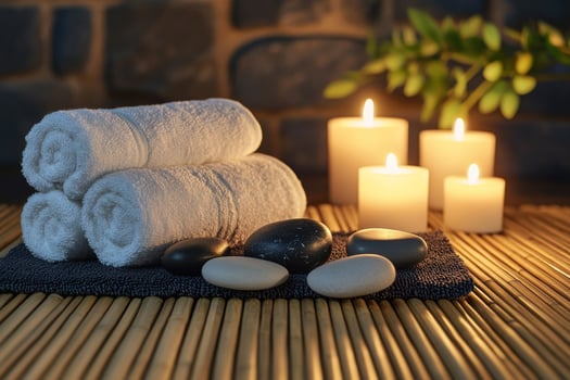 Spa towels, candles and stones on bamboo mat photo