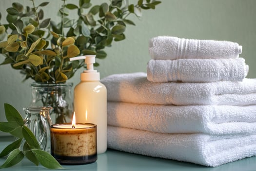 A stack of towels and candles sit on a table photo