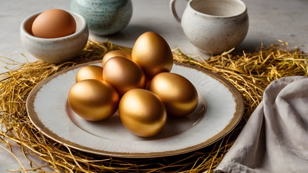Golden Eggs Gold Easter Egg on a plate photo