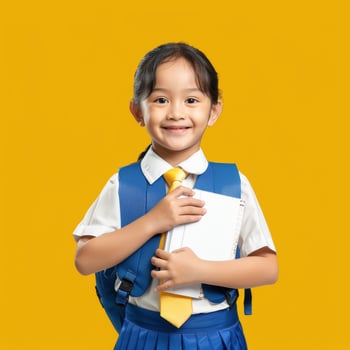 Asian girl in school uniform holding a book and smiling photo