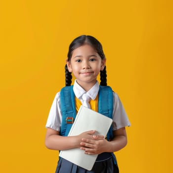 Portrait of a little girl in school uniform holding a notebook and smiling photo