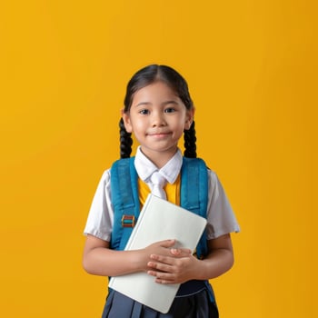 Portrait of a little girl in school uniform holding a notebook and smiling photo