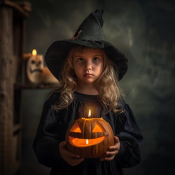 A little girl in a witch hat holding a pumpkin photo