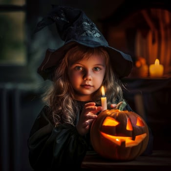 A little girl in a witch hat holding a candle photo